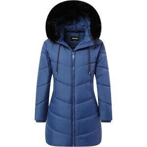 Women's Winter Warm Hood Down Coat Puffer Jacket Navy Windproof Detachable